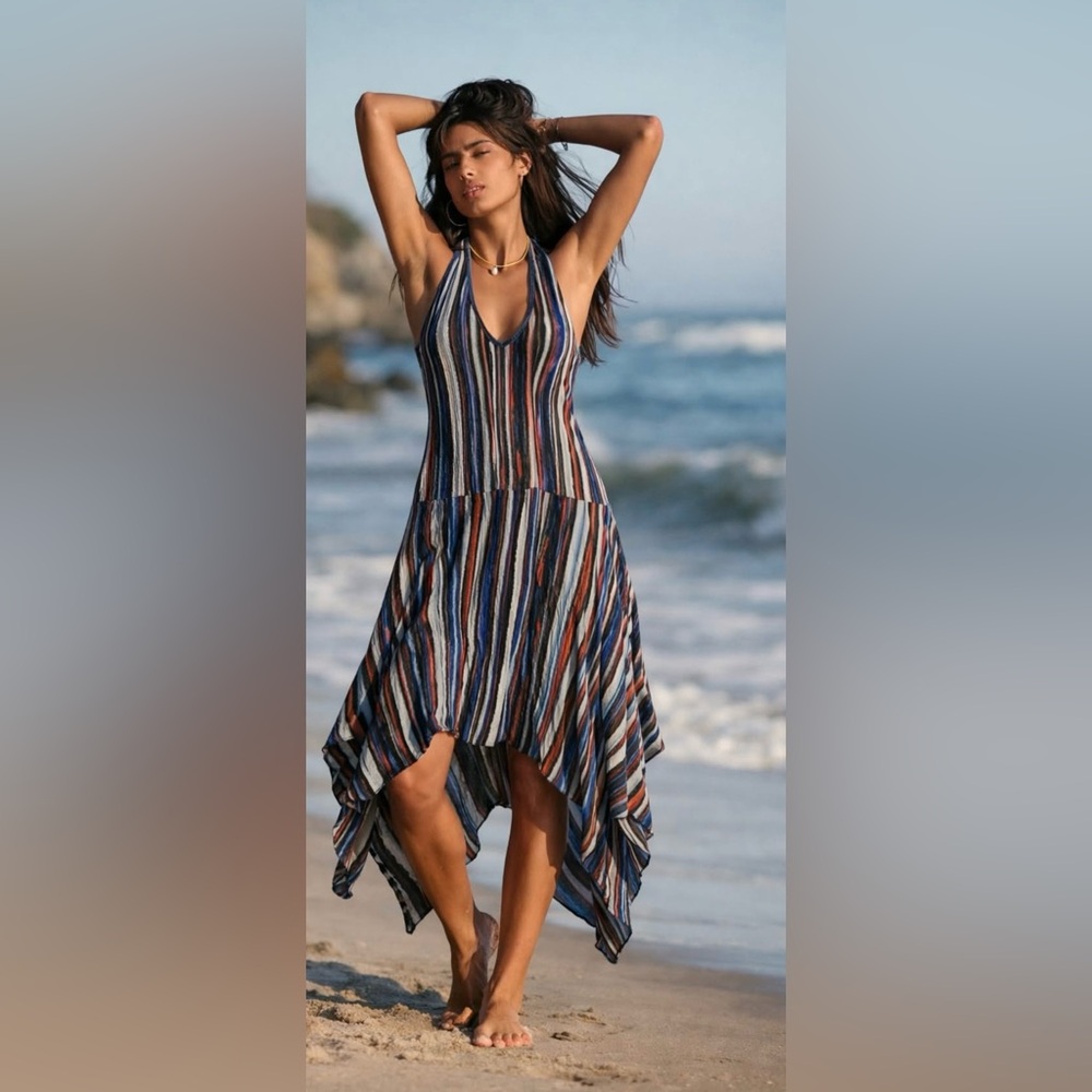 Striped Halter Handkerchief Hem Maxi Dress - Blue Multi